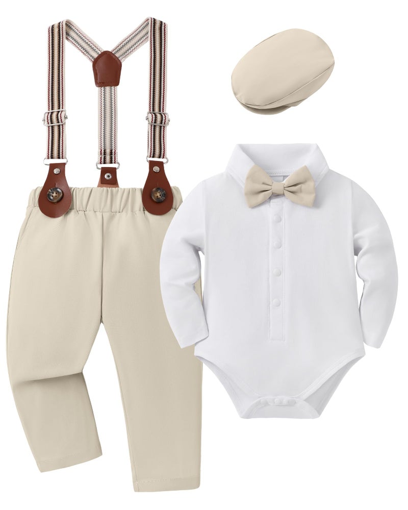 YUEMION Baby Boy Clothes Wedding Outfit Infant Tuxedo Gentleman Suits Dress Shirt Beret Hat Suspender Pants Bowtie Beige 36 Months - Image 2