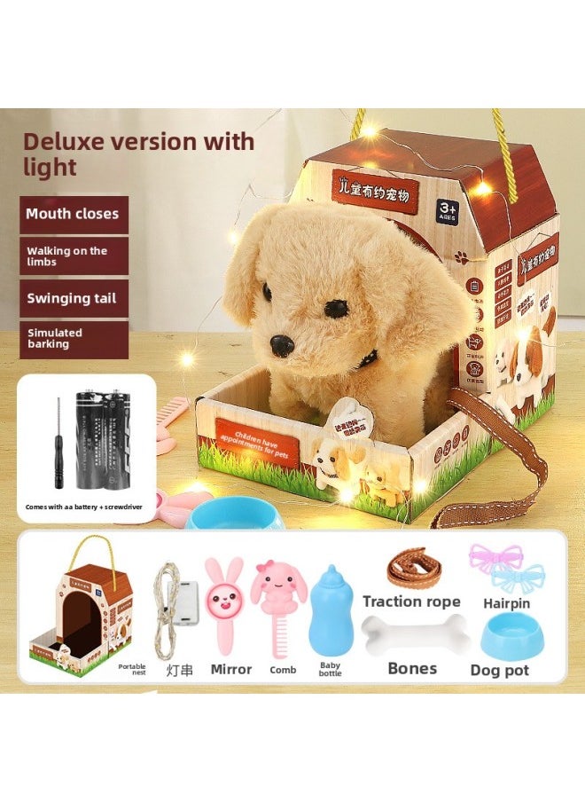 Children's Electric Simulation Bunny Plush Toy Girl Pet White Rabbit Doll Girl Birthday Gift-Color:Light Brown Dog + Dog House + Accessories + Lighting Set-Specification:Add Rechargeable Battery + Charger  - Image 1