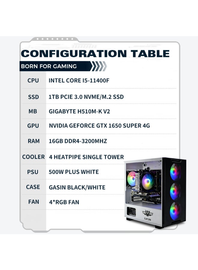 غاز كمبيوتر ألعاب بمعالج Core i5-11400F/ذاكرة وصول عشوائي (رام) سعة 16 جيجابايت/محرك أقراص صلبة سعة 1 تيرابايت/بطاقة رسومات NVIDIA GeForce GTX 1650 Super سعة 4 جيجابايت/نظام تشغيل ويندوز 11 أبيض - Image 4