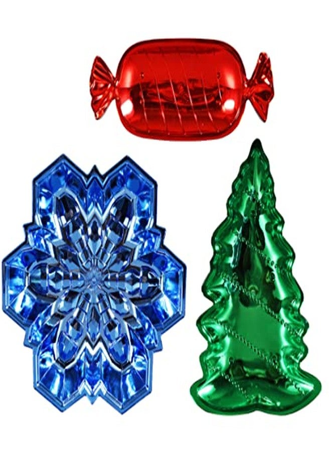 OTG Christmas Trays Candy Dish Metallic Molded Plastic 3 Pack Blue Snowflake 25x8.25-in, Red Candy Wrapper 14x5.25-in, Green Christmas Tree 11.5x8.5 - Image 1