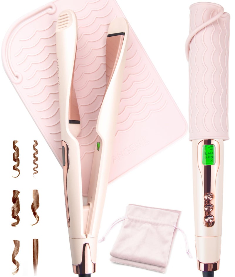 ANGENIL Pro Twist Flat Iron Hair Straightener, 2 in 1 Straightener and Curling Iron for Women, Round Pink Dual Voltage Hair Straightener with Silicone Heat Resistant Mat, 30s Fast Heating, LCD Display - Image 1