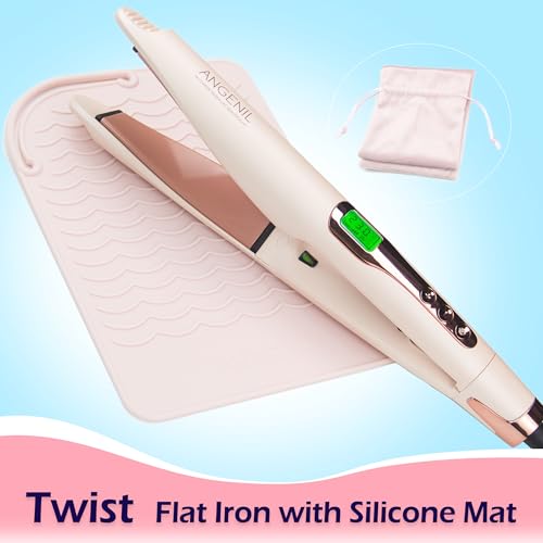 ANGENIL Pro Twist Flat Iron Hair Straightener, 2 in 1 Straightener and Curling Iron for Women, Round Pink Dual Voltage Hair Straightener with Silicone Heat Resistant Mat, 30s Fast Heating, LCD Display - Image 4