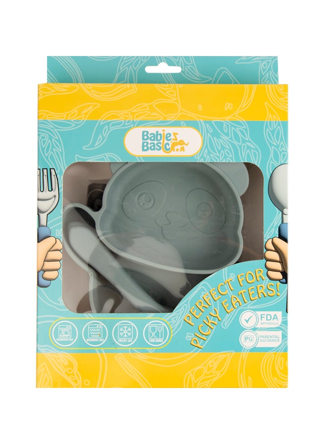 Babies Basic Feeding Set, 3 Piece Panda Silicone Set, Easy To Grip, Silicone Suction Plate With Silicone Spoon And Fork- Indigo  - Image 5