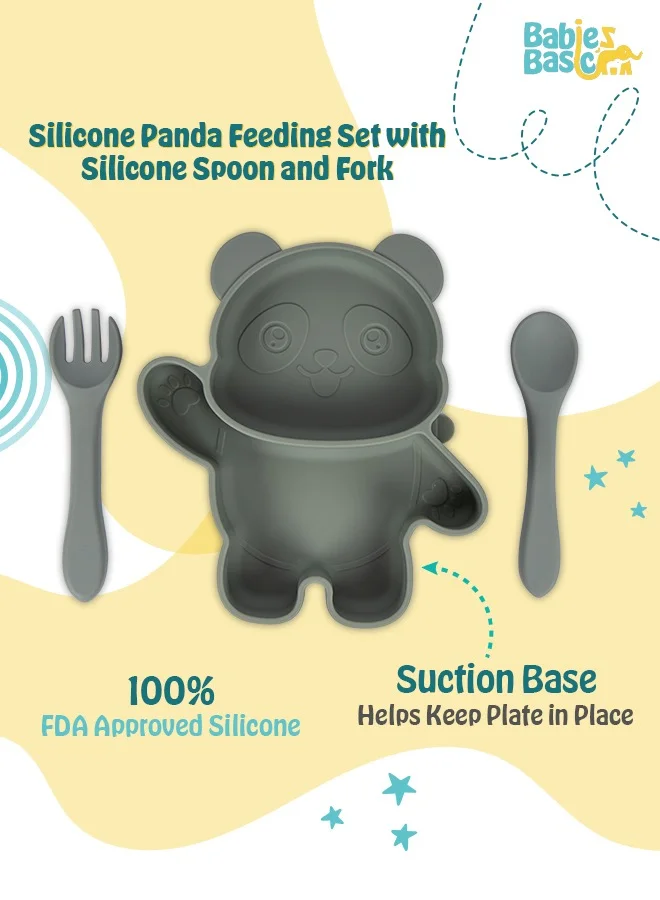 Babies Basic Feeding Set, 3 Piece Panda Silicone Set, Easy To Grip, Silicone Suction Plate With Silicone Spoon And Fork- Indigo