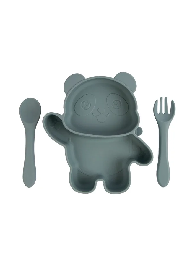 Babies Basic Feeding Set, 3 Piece Panda Silicone Set, Easy To Grip, Silicone Suction Plate With Silicone Spoon And Fork- Indigo