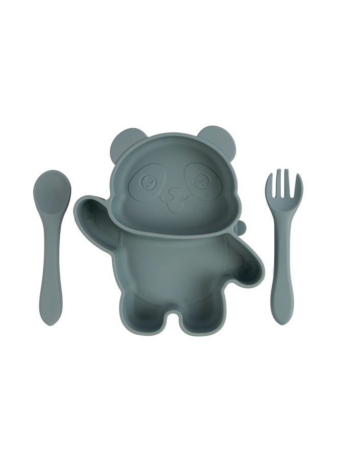 Babies Basic Feeding Set, 3 Piece Panda Silicone Set, Easy To Grip, Silicone Suction Plate With Silicone Spoon And Fork- Indigo  - Image 1