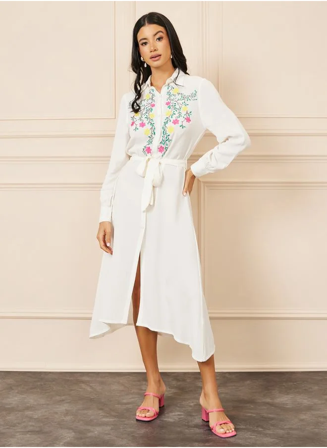 ستايلي Embroidered Self Tie Up Shirt Midi Dress