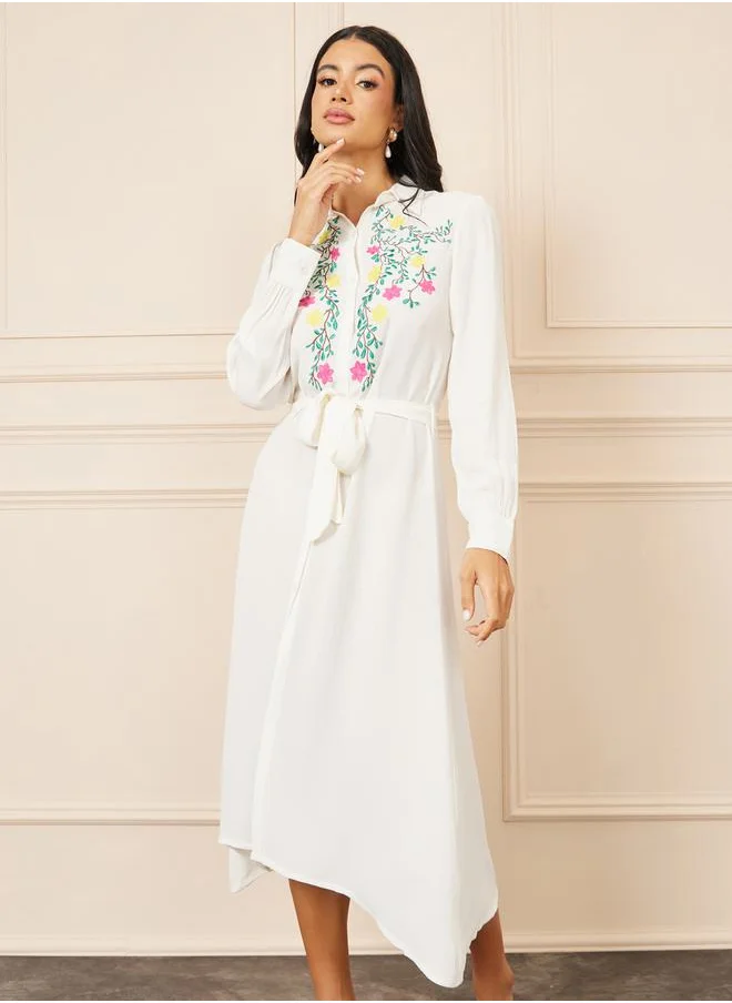 ستايلي Embroidered Self Tie Up Shirt Midi Dress