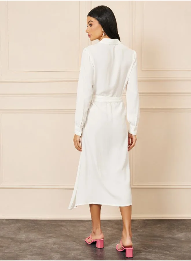 Styli Embroidered Self Tie Up Shirt Midi Dress