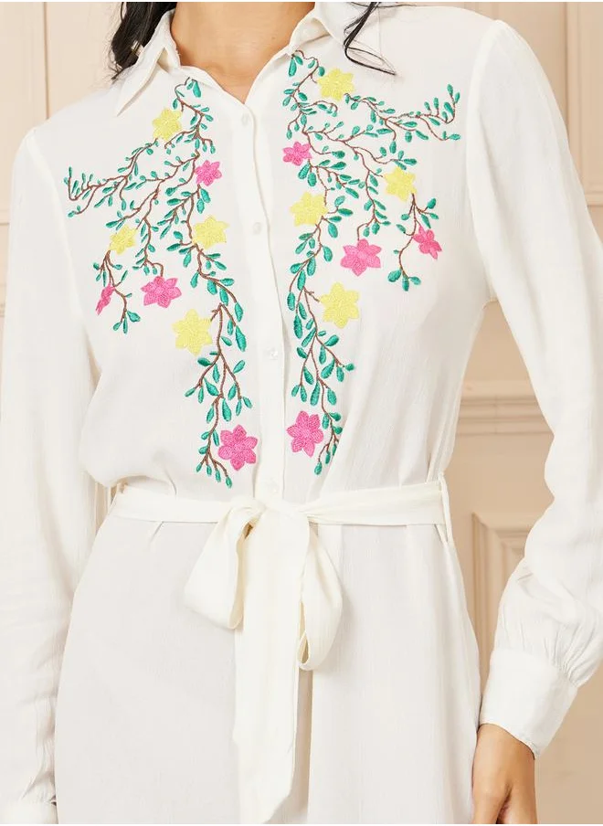 Styli Embroidered Self Tie Up Shirt Midi Dress