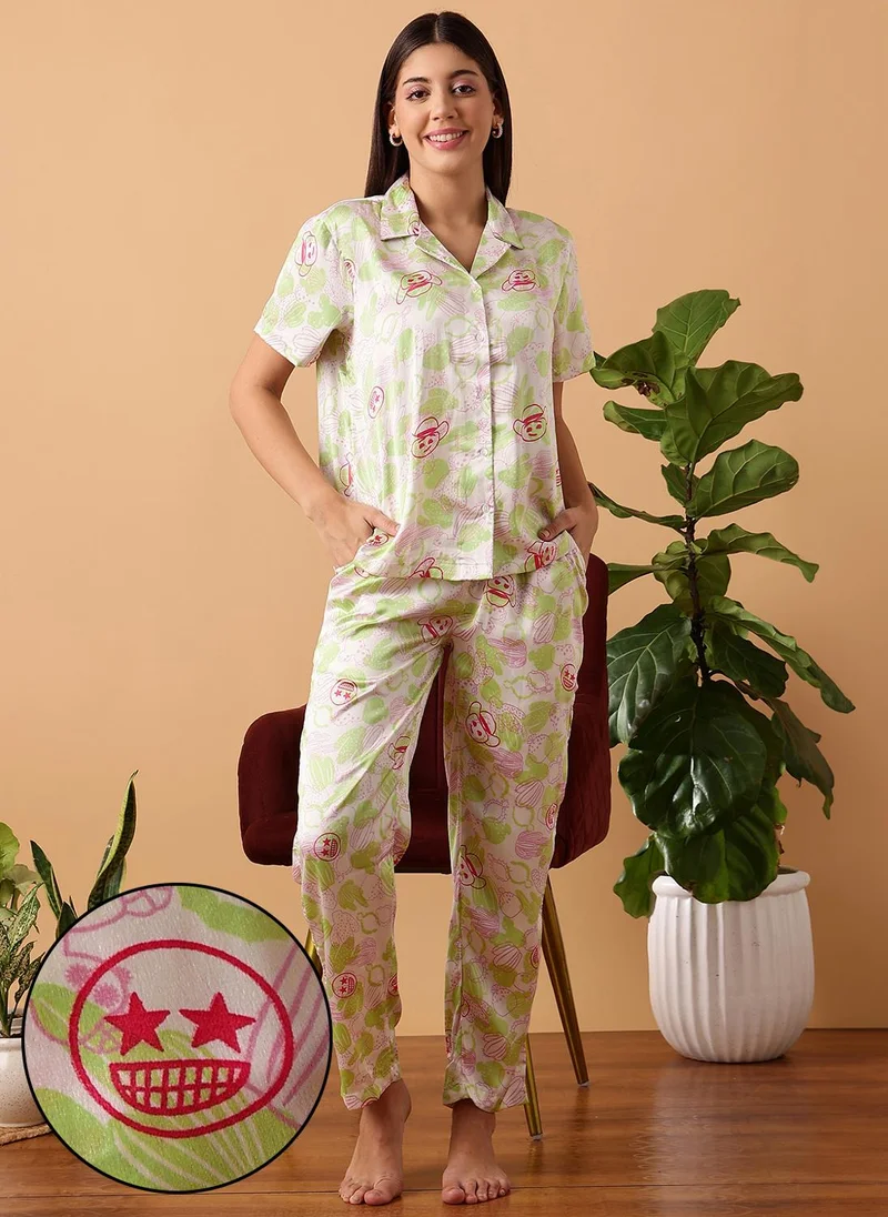 Clovia Clovia Cactus Print Button Down Shirt & Pyjama Set in White - Satin