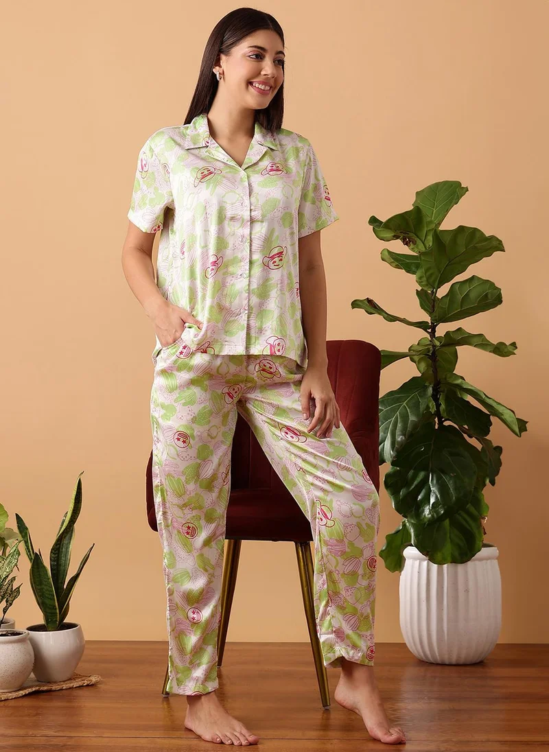 Clovia Clovia Cactus Print Button Down Shirt & Pyjama Set in White - Satin