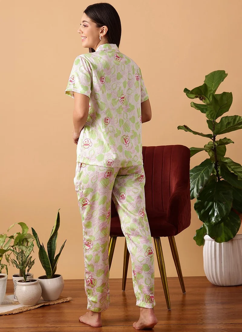 Clovia White Clovia Cactus Print Button Down Shirt & Pyjama Set in White - Satin for Women | Best Price UAE
