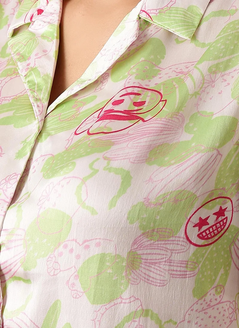 Clovia White Clovia Cactus Print Button Down Shirt & Pyjama Set in White - Satin for Women | Best Price UAE