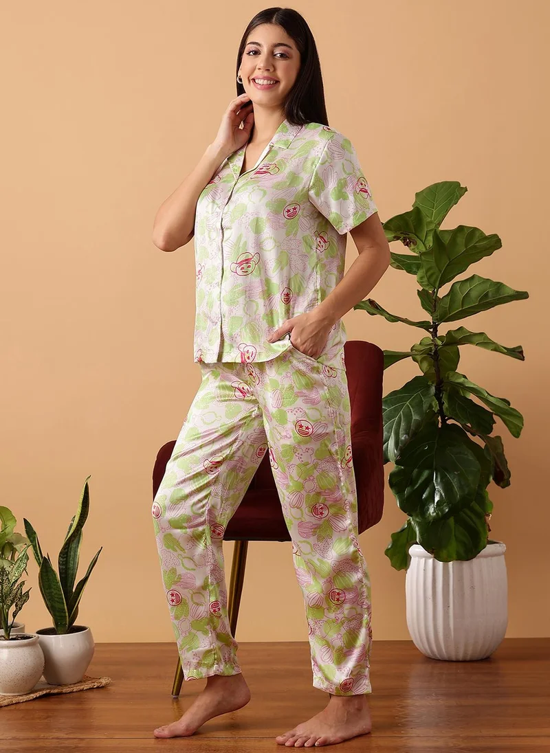 Clovia White Clovia Cactus Print Button Down Shirt & Pyjama Set in White - Satin for Women | Best Price UAE