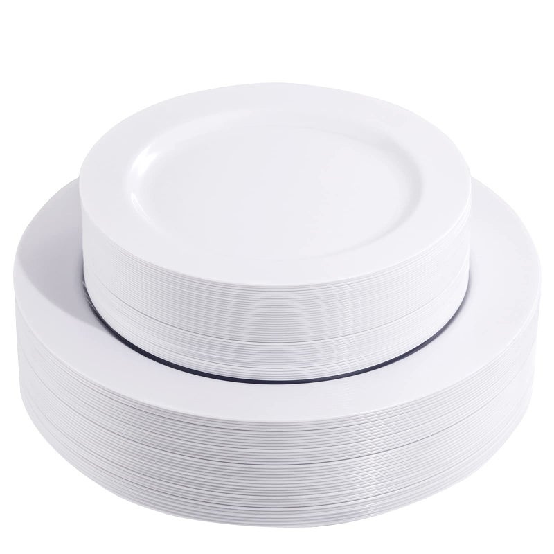 FLOWERCAT 60PCS White Plastic Plates  Heavy Duty White Disposable Plates for Birthday PartyWedding serve for 30 guests Include 30PCS 1025 Dinner Plates  30PCS 75 Dessert Plates for Party