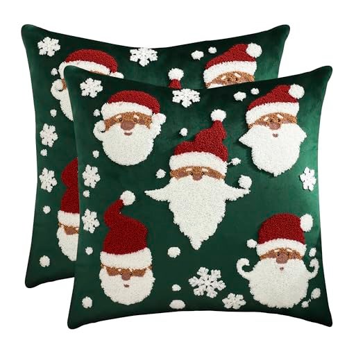 LUOYEHK Christmas Santa Claus Pillow Covers 18x18 Set of 2 Velvet Green Pillow Cases Winter Holiday Embroidered Cushion Covers for Couch Sofa Bed - Image 1