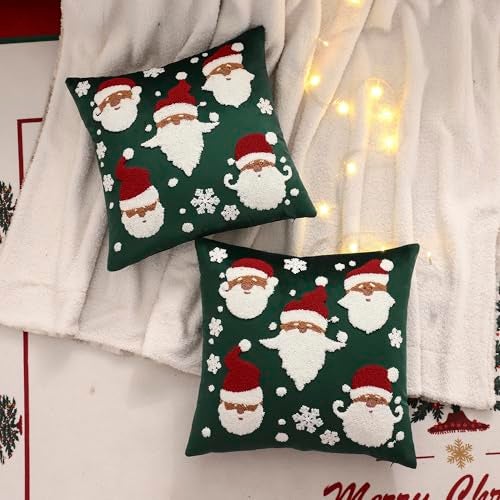 LUOYEHK Christmas Santa Claus Pillow Covers 18x18 Set of 2 Velvet Green Pillow Cases Winter Holiday Embroidered Cushion Covers for Couch Sofa Bed - Image 3