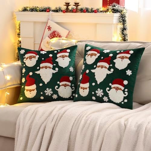 LUOYEHK Christmas Santa Claus Pillow Covers 18x18 Set of 2 Velvet Green Pillow Cases Winter Holiday Embroidered Cushion Covers for Couch Sofa Bed - Image 2