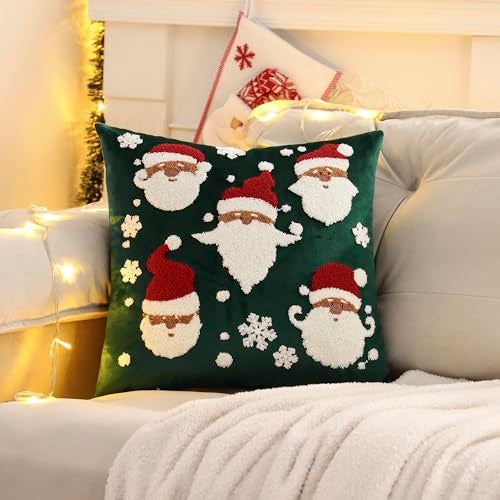 LUOYEHK Christmas Santa Claus Pillow Covers 18x18 Set of 2 Velvet Green Pillow Cases Winter Holiday Embroidered Cushion Covers for Couch Sofa Bed - Image 4