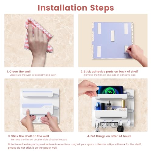 Meaocer Bedside Shelf Wall Mount, Adhesive Bedside Shelf Accessories Organizer with Hooks and Cable Clips,Dorm Bedside Wall Storage for Phone, Remote, Earphone, Kindle,Plastic (5 Hooks Style) - Image 5