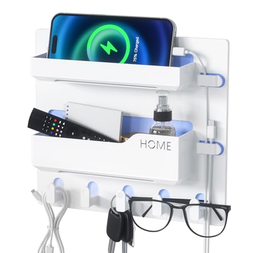 Meaocer Bedside Shelf Wall Mount, Adhesive Bedside Shelf Accessories Organizer with Hooks and Cable Clips,Dorm Bedside Wall Storage for Phone, Remote, Earphone, Kindle,Plastic (5 Hooks Style) - Image 1