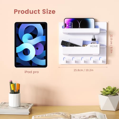 Meaocer Bedside Shelf Wall Mount, Adhesive Bedside Shelf Accessories Organizer with Hooks and Cable Clips,Dorm Bedside Wall Storage for Phone, Remote, Earphone, Kindle,Plastic (5 Hooks Style) - Image 4