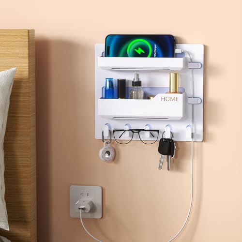 Meaocer Bedside Shelf Wall Mount, Adhesive Bedside Shelf Accessories Organizer with Hooks and Cable Clips,Dorm Bedside Wall Storage for Phone, Remote, Earphone, Kindle,Plastic (5 Hooks Style) - Image 2