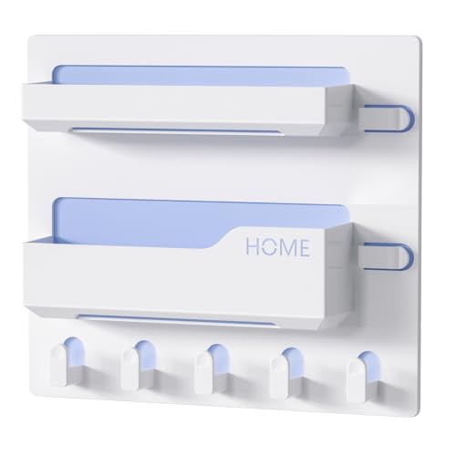 Meaocer Bedside Shelf Wall Mount, Adhesive Bedside Shelf Accessories Organizer with Hooks and Cable Clips,Dorm Bedside Wall Storage for Phone, Remote, Earphone, Kindle,Plastic (5 Hooks Style) - Image 3