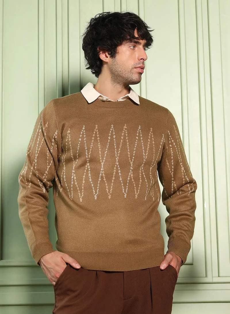 كامبوس سوترا كنزة رجالية بنقش متعرج جاكار بياقة دائرية وأكمام مضلعة طويلة