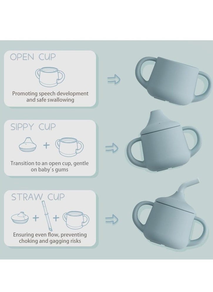 Dominy Silicone Baby Sippy Cups, 3 Stages Training Cup Straw Cup for Infants Toddlers and Kid, Two Different Types of Cup Lids with Duckbill and Straw Shaped,4 oz Blue  - Image 3
