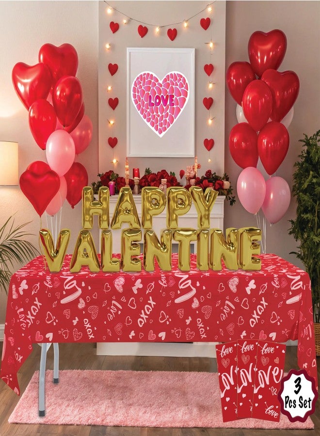 BASHOUT Valentines Tablecloth Plastic | 3pcs Set, 54” Wide x 108” Long | Valentines Plastic Table Cover | Love & Heart Table Cover Design | Disposable Tablecloth, Valentines Party Decorations - Image 3