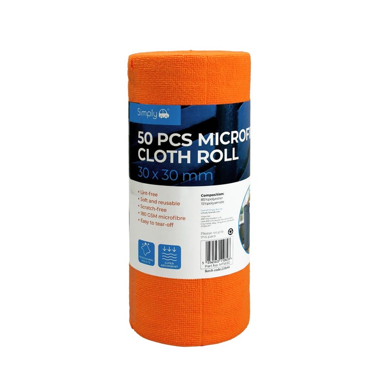 Simply Auto Roll of 50 Microfibre Cloths, 30x30cm Premium Reusable Multi-Purpose Cleaning Absorbent Towels, Super Soft Multiple of uses around the car and home. (Orange/Grey/Blue) - Image 1
