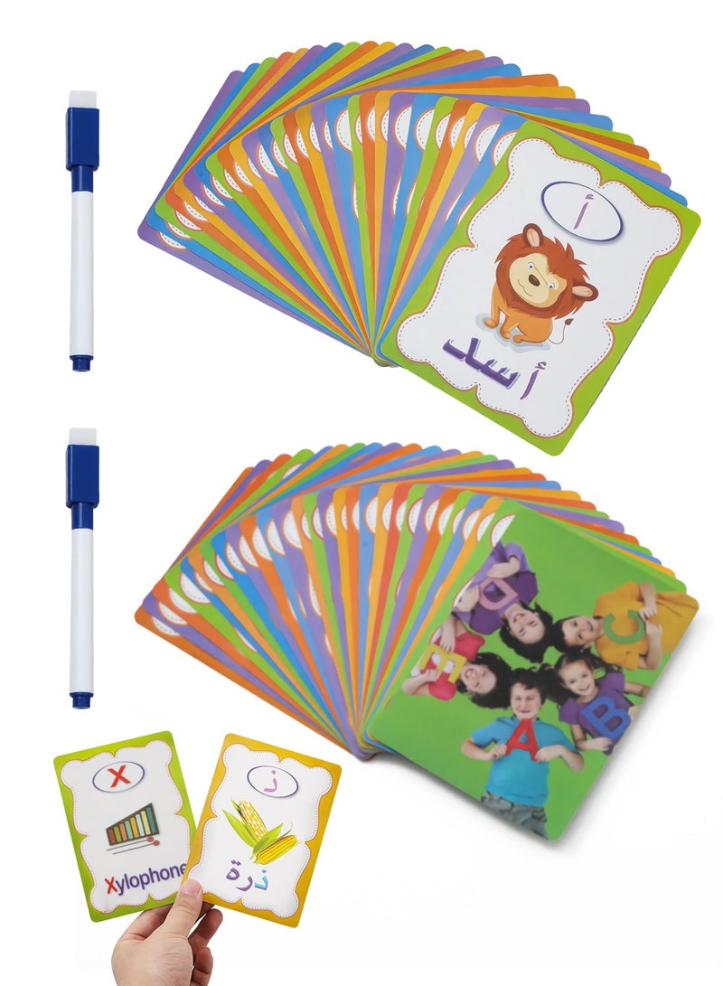 LUCKIER Dual language practice writing cards, 28 colorful Arabic alphabet flashcards, 28 colorful English alphabet practice cards, with 2 erasable markers, early word education toy learning interactive set, suitable for kindergarten practice, writing - Image 1