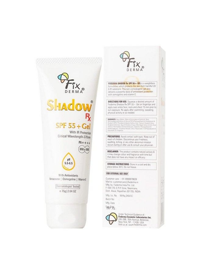 FIXDERMA Shadow Rx Sunscreen Spf 55+ Gel ; Sunscreen For Oily Skin ; Minimum Sunscreen Spf 50 Pa+++ ; Sunscreen For Body & Face ; Hybrid Sunscreen With Uva Uvb Ir Protection And Vitamin E 75Gm  - Image 1