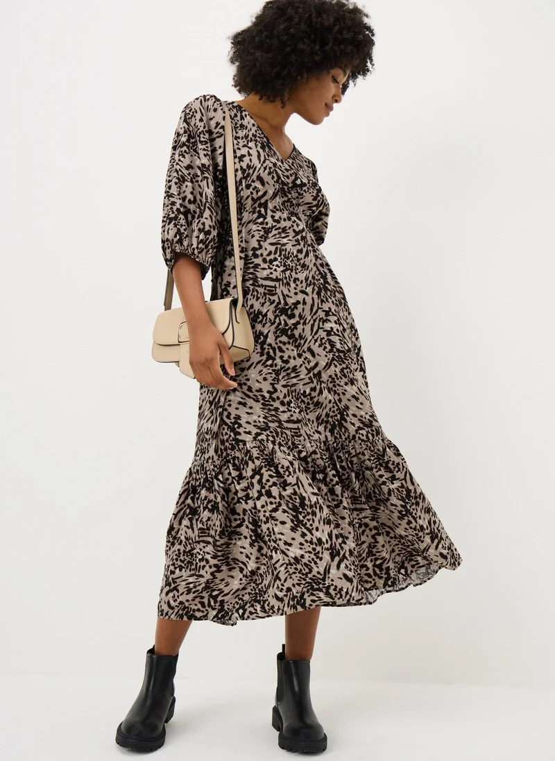 Brown Patterned Puff Sleeve Midi Dress