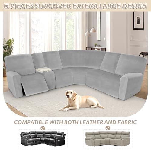 Arfntevss Sectional Recliner Couch Covers Velvet Washable Corner Sectional Sofa Cover for Reclining Couch Stretch Soft Thick L Shape Recliner Slipcover Set (5 Seat with 1 Console Cover, Dove Gray) - Image 3