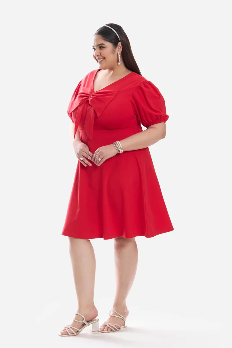 فيرجيو Solid Ponte Mini Plus Size Dress With Center Front Bow for Women