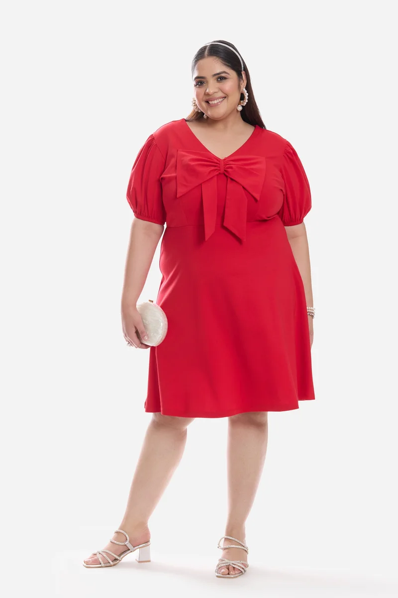 فيرجيو Solid Ponte Mini Plus Size Dress With Center Front Bow for Women