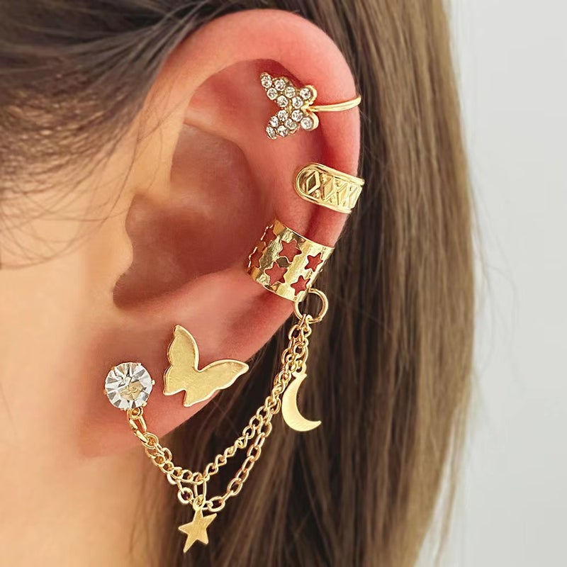 ofeankri European and American Style Four-Piece Set: Rhinestone Butterfly Hollow Non-Piercing Cartilage Earrings with Star-Moon Integrated Chain Ear Clips - Image 1