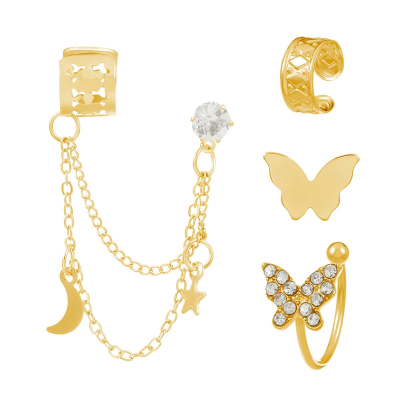 ofeankri European and American Style Four-Piece Set: Rhinestone Butterfly Hollow Non-Piercing Cartilage Earrings with Star-Moon Integrated Chain Ear Clips - Image 5