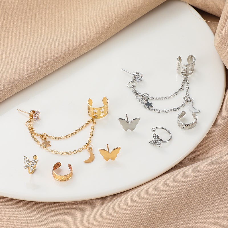 ofeankri European and American Style Four-Piece Set: Rhinestone Butterfly Hollow Non-Piercing Cartilage Earrings with Star-Moon Integrated Chain Ear Clips - Image 4