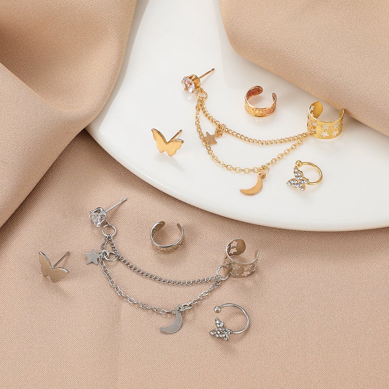 ofeankri European and American Style Four-Piece Set: Rhinestone Butterfly Hollow Non-Piercing Cartilage Earrings with Star-Moon Integrated Chain Ear Clips - Image 3