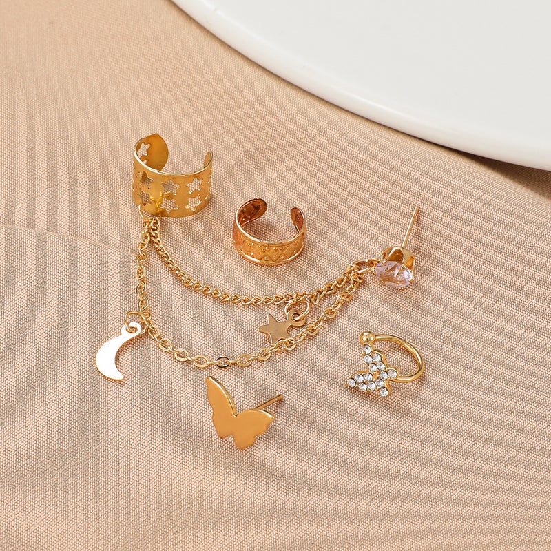 ofeankri European and American Style Four-Piece Set: Rhinestone Butterfly Hollow Non-Piercing Cartilage Earrings with Star-Moon Integrated Chain Ear Clips - Image 2