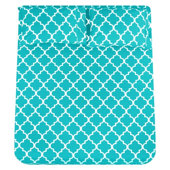 FULL BED SHEET SET SUPER SOFT BRUSHED MICROFIBER 1800 THREAD COUNT SHEETS WITH 16 INCH DEEP POCKET WRINKLE FREE 4 PIECEFULL AQUA QUATREFOIL WITH WHITE PATTERN