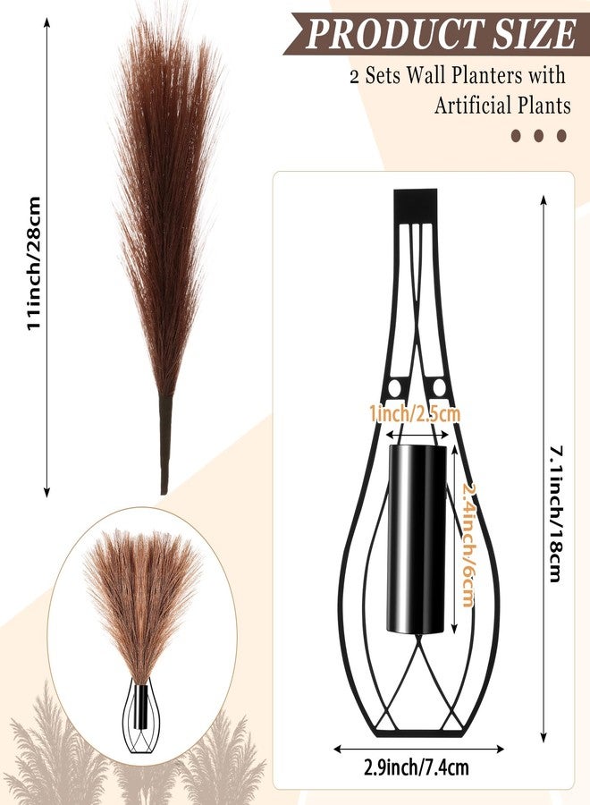 Otoolling 2 Pieces Hanging Plant Wall Decor with Artificial Pampas Grass Metal Hanging Vase Modern Geometric Farmhouse Bohemian Wall Art for Living Room Bedroom Kitchen Bathroom Office(Black, Brown) - Image 2