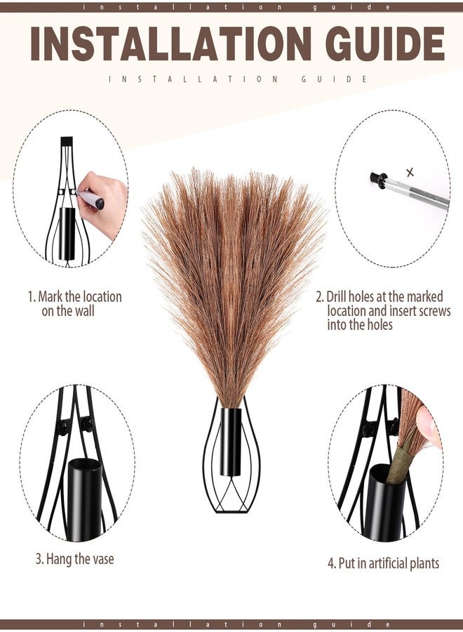Otoolling 2 Pieces Hanging Plant Wall Decor with Artificial Pampas Grass Metal Hanging Vase Modern Geometric Farmhouse Bohemian Wall Art for Living Room Bedroom Kitchen Bathroom Office(Black, Brown) - Image 3