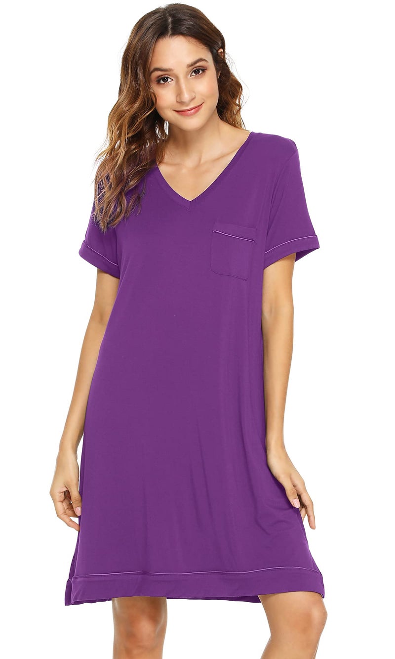 WiWi Viscose from Bamboo Nightgowns for Women Short Sleeve Sleep Shirt V Neck Nightgown Plus Size Sleepwear S4X Purple 4X