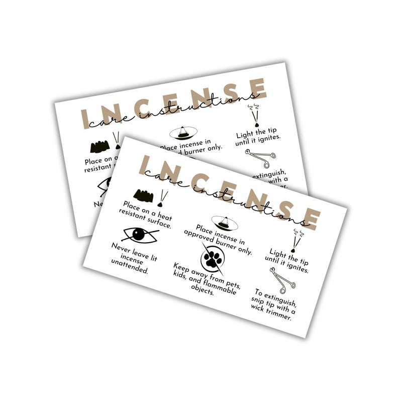 Incense Care Instruction Cards 50pk 2x35 Client Minimalist How to Use Stick Burner Tray DIY Template Packaging Inserts Warning Labels Scents
