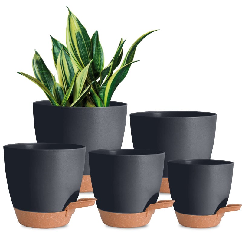 Vanslogreen Plant Pots Pack of 5 7656555 Inch Self Watering Planters with Drainage Hole Planter for Indoor Plants Planting Pots for African Violet Ochid and House Plants Black